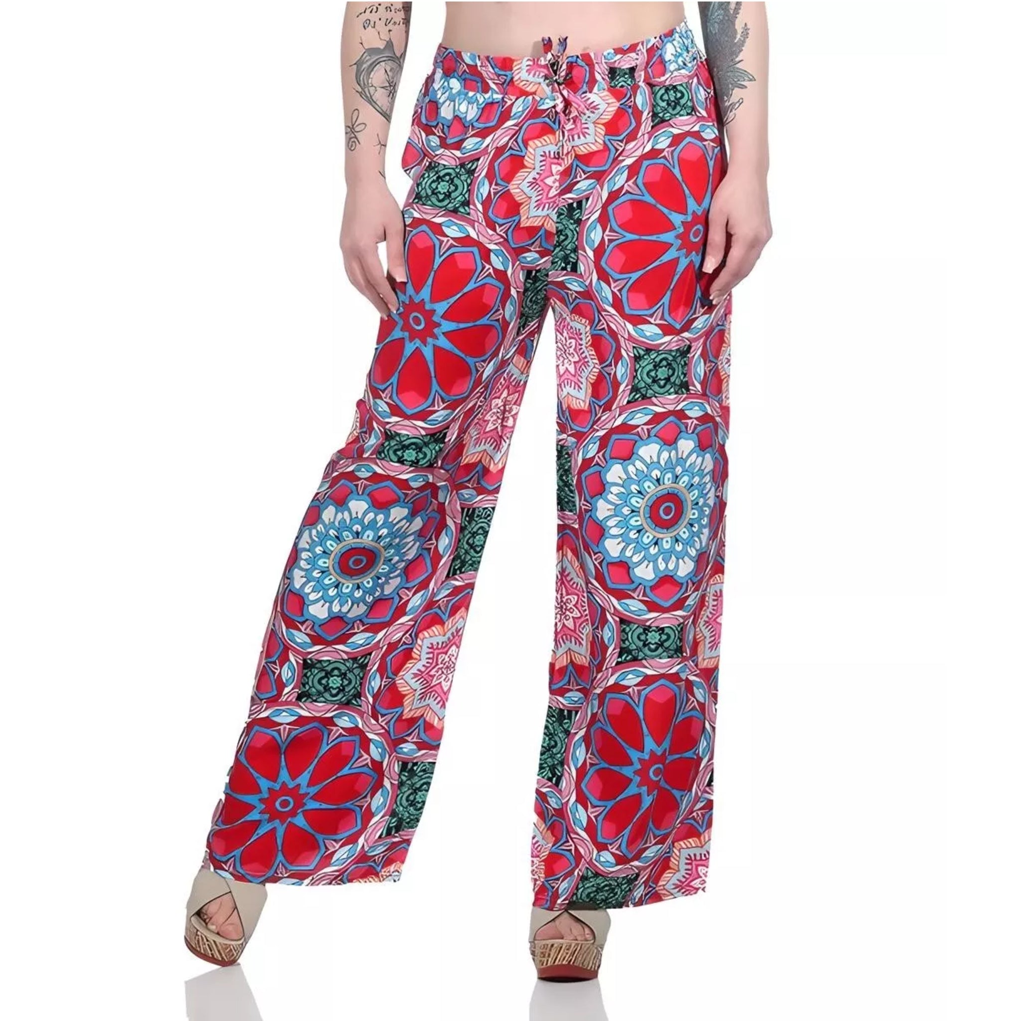 Ladies loose fit palazzo trousers wide leg boho style pants with multicolour floral mandala print high waist drawstring summer fashion